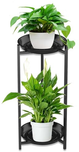 2 Etagen Metall Blumenständer, Schwarz Pflanzenständer Blumenregal, Blumentopf Ständer für Patio Garten Wohnzimmer, Pflanzenständer für Balkon