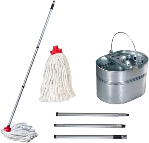 BH | 15 Litres Galvanized Mop Bucket | Cleaning Mop With Metal Stick - 1.2m | Extra Refill Free | Adjustable | Durable | Super Absorbent | Ideal for Home,Kitchen,Bathroom,Office - By BEST HOUSE