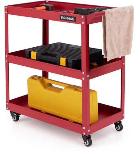 FANTASK Carro de Taller con Ruedas de 3 Niveles, Carro de Taller con 4 Ruedas universales y asa, Carro de Herramientas de Metal, Carro de Montaje, 120 kg, Carga para Garaje, hogar, almacén, 73 x 36 x