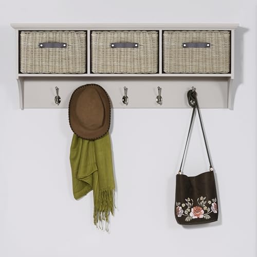 Tetbury Wall Mounted Coat Rack with Storage Baskets | Hanging Shelf 4-5 Double Hooks, Washable Baskets | Fully Assembled Hallway Furniture (Truffle, Large)
