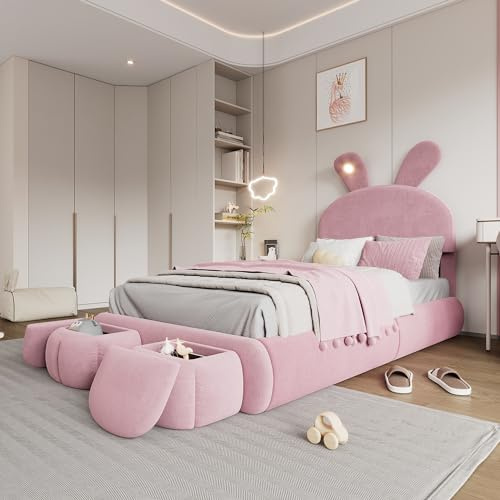 Lexiou 90x200cm Polsterbett, Einzelbett, Hasenohren mit Einstellbarer Helligkeit warmfarbenen Lichtstreifen, mit Zwei Aufbewahrungshockern, Kinderbett mit Holzlatten, Samt (Rosa)