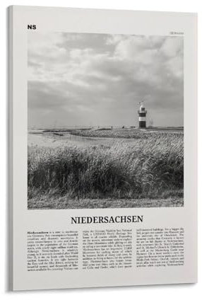 IEOWY Niedersachsen-Druck schwarz und weiß, Niedersachsen-Wandkunst, Niedersachsen-Poster, Niedersachsen-Foto, Niedersachsen-Karte, Deutschland-Leinwand-Wandkunst-Pos