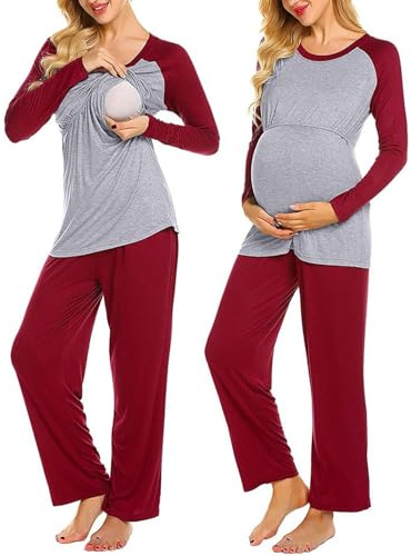 Still Schlafanzug Damen, Stillpyjama Set Damen Zweiteiliger Still Pyjama Langarm Stillshirt + Lang Hosen mit Elastischen Bund Umstandsmode Umstandspyjama Schwangerschaft Stillfunktion Nachtwäsche
