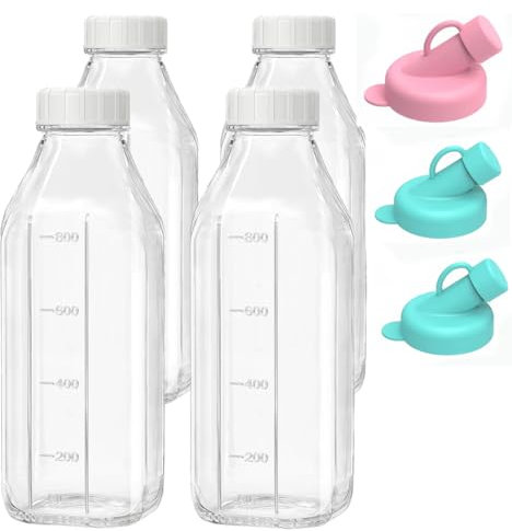 Lot de 4 Bouteilles Transparentes en Verre avec Bouchon avec Couvercles, Réutilisables, 1 Litre, Bouteilles de Jus Pour Laiterie, Jus de Fruits Pour Petit DéJeuner, Pique-Nique, Mariage (4 Pack)