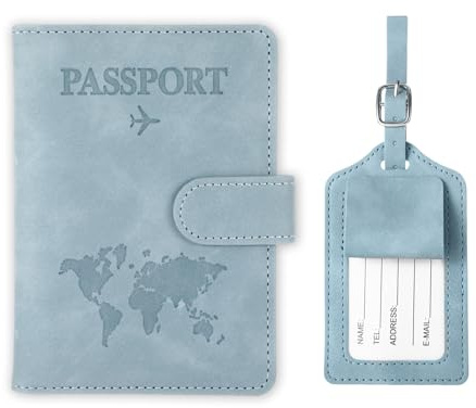 Qiimenguer Custodia per passaporto, passaporto e etichetta per bagagli in pelle PU, porta passaporto con patta RFID per passaporto, carte di credito, carte d'identità e documenti di viaggio, Azzurro