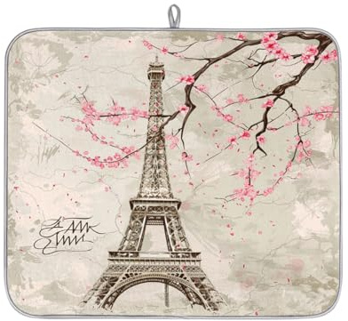 Paris - Tapete de secado de platos de la Torre Eiffel para encimera de cocina, torre Eiffel con flor de cerezo, tapete absorbente para máquina de café, tapete escurridor de platos de microfibra