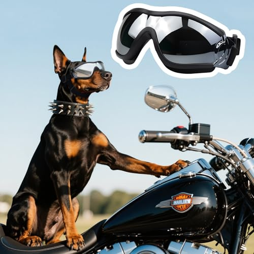 Lunettes de Soleil pour Chiens Protection UV, Protection des Yeux pour Chiens De Taille Moyenne Et Grande, Coupe-Vent, Sangle Réglable (Black Silver)