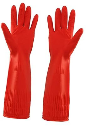 FRCOLOR 1Pair Latex Dishwashing Gloves with Plush Inner for Comfortable Cleaning Red Household Kitchen Scrubbing Mitts for Dishwashing Laundry Pet Care Gardening Tasks