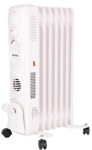 Cofan Radiatore olio da 1500 W | 7 elementi | 3 livelli di potenza | Con termostato e ventola | Protezione antiribaltamento | 37 x 24 x 65 cm