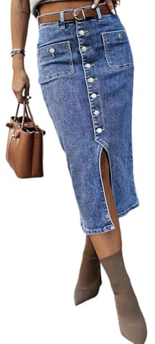 seiveini Faldas de Mezclilla Mujer Larga Elegant Falda Vaquera Largas con Aberturas Botones de Cintura Alta Vintage B Azul L
