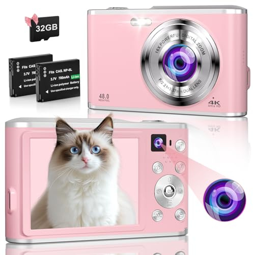 4K Digital Camera 48MP Autofocus Cameras for Photography Compact Camera with Dual Front and Rear Camera, Point and Shoot Cameras with16X Digital Zoom, 32GB TF Card & 2 Batteries-Pink