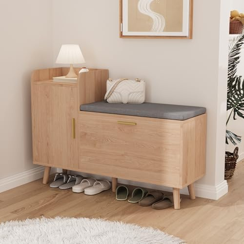 AZJSAHAH Schuhschrank mit 2 Klappen,Schuhschrank mit Sitzbank Schuhkipper Schuhregal Schuhkommode Shoe Cabinet mit Trennwand Verstellbar,Für Eingangsbereich, Flur (Natürliche Farbe, 100x30x69.5cm)