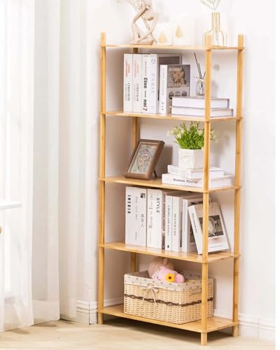 WooFawn Expandable Freestanding Open Bamboo Book Shelf - No-Tool Assembly & Modular,Bathroom Storage Shelf Unit Plant Stand for Small Space, Bedroom, Living Room, Home Office (1, Natural, 5 Tier)