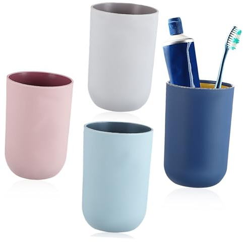 KICHOUSE Set da 4 Bicchieri da Bagno in Plastica, Tazze Porta Spazzolini e Bicchieri per Collutorio, Design Semplice e Minimalista, Multiuso per Bagno e Cucina Colore Colore Casuale