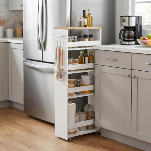 EGGREE Carrello a 5 ripiani, carrello da cucina stretto, scaffale a nicchia su ruote, in acciaio, maniglia, per piccoli spazi, 40 x 20 x 100 cm, cucina, bagno, soggiorno, studio, rovere + bianco