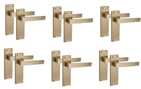 Golden Grace Delta Scroll Door Handles 150x40mm, Antique Brass 6 Pairs | Includes fixing screws and spindles for quick internal door setup, with a classic Victorian plain-edge metal build.