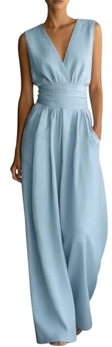 Onesie dam elegant brett ben, dam overall elegant festlig, V-ringad lång overall fritid ärmlös jumpsuit sexig byxdräkt jumpsuits vida ben lekdräkt för bröllop och fest, Himmelsblå, XL
