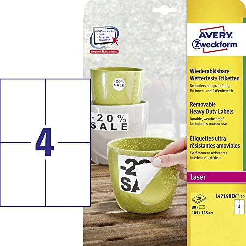AVERY Zweckform L4719REV-20 Wetterfeste Folienetiketten (80 Aufkleber, 105x148mm auf A4, selbstklebend, wasserfest, wiederablösbar, strapazierfähig, bedruckbare Outdoor Klebefolie) 20 Blatt, weiß