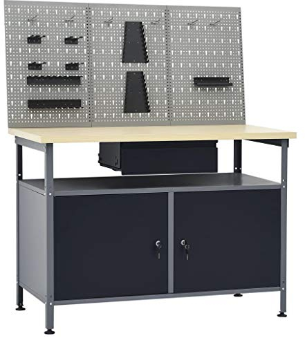 Tidyard Werkstatt-Set Werkbank Mit 1 Werkbank,3 Werkzeugwände,Werkstattschrank 120 x 60 x 85 cm Mit offen Fach und Schublade,2 Schränke mit abschließbaren Türen,Tragkraft 300 kg