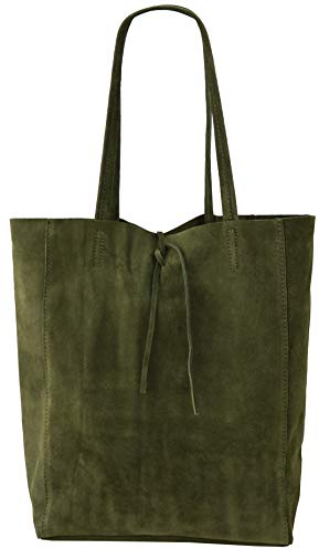 SH Leder ® Damen Echt Wildleder Shopper mit Innentasche in vielen Farben Schultertasche Henkeltasche 37x29cm Katrin G261 (Olivgrün)