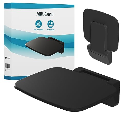 Aqua Bagno | Sedile per doccia pieghevole da parete nero, portata fino a 160 kg, sedile pieghevole per doccia per anziani