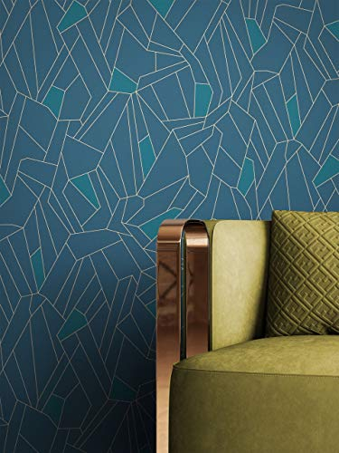 NEWROOM Lätt glänsande blå non-woven tapet - Grafik turkos guld grafisk linje geometrisk