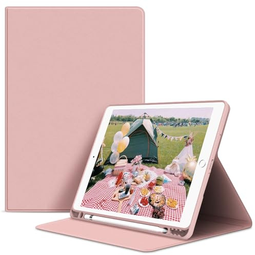 VAGHVEO Fodral för iPad 9,7 tum 2017/2018, iPad Air1/Air 2 flexibelt fodral smart fodral (automatisk väckarklocka/sömn) mjukt TPU bakstycke med pennhållare för Apple iPad 5e/6:e/Air 1/2, rosa