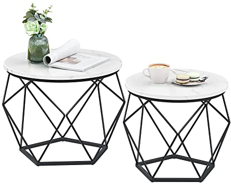VASAGLE Couchtisch rund, 2er Set, Wohnzimmertisch, Beistelltisch, modern, abnehmbare Tischplatte, für Wohnzimmer, marmorweiß-tintenschwarz LET040B59