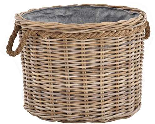 Korb-Outlet Großer Pflanzkorb Holzkorb rund Grau Natur Rattan mit Seilrand/Übertopf aus Rattan (Groß mit Inlett)