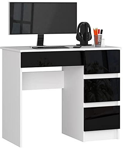 AKORD | Computertisch | Schreibtisch 4 Schubladen | Komfort | Hohe Qualität | Solide | Für Zuhause | Für das Büro | Ergonomie | Für die Arbeit | B90 x H77 x T50 cm | Weiß & Schwarzer Glanz Front