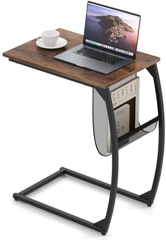 COSTWAY C-Shaped Sofa Side Table, Industrial Bedside End Table with Magazine Holder Sling, Metal Frame Wooden Narrow Overbed Coffee Tea Table for Living Room, Bedroom and Office