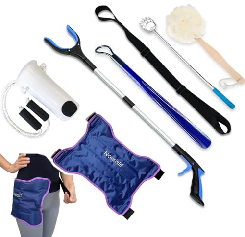 Nourislif 7pcs Hip Kit - Hip Kit for Seniors Total Hip Replacement Prime, Hip Replacement Kit After Surgery,Hip Kits with Hip Ice Pack,Grabber,Sock Aid,Leg Lifter,Shoehorn,Back Scratcher,Bath Loofah
