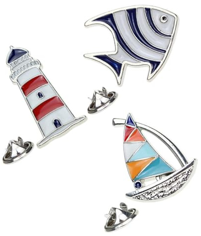3 Stück Marine Broschen mit Cartoon Tropenfisch, Segelboot | Anstecknadel aus Zinklegierung, für Pullover und Tasche, Elegant, Leicht zu Clippen