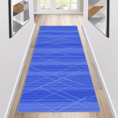 Siunwdiy Teppich Läufer Flur Küche rutschfest Waschbar Blau Küchenläufer Lang Modern Korridor -Teppichläufer Küchenteppich Einfarbige Helle Streifen Muster Meterware Anpassbar,Blau,60x220cm