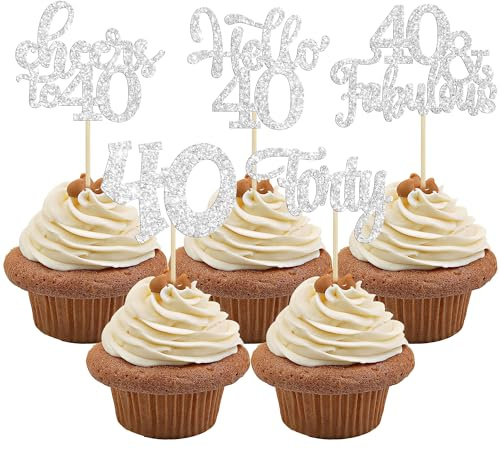 30Pcs Happy 40th Birthday Cupcake Toppers Silver Glitter Forty Cheers to 40 Years Old Birthday Cupcake Picks for Happy 40th Birthday Anniversary Party Cake Decorations