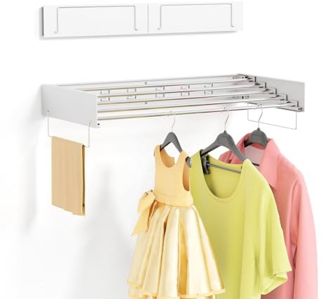 plainshe Clothes Drying Rack, Foldable Wall Mounted, Drying Rack Clothing, 31.5 Wide, 13.2 Linear Ft, 5 Aluminum Rods, 60 lb Capacity, Laundry Racks for Drying Clothes with Wall Templat