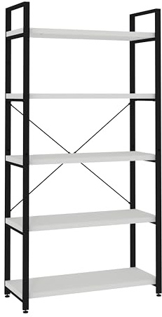 Panana Industrial Wood and Metal Bookcase, 5 Tier Rustic Wooden Bookshelves Free Standing Shelves for Wall Ladder Shelving Unit Heavy Duty Open Storage Shelves (White)
