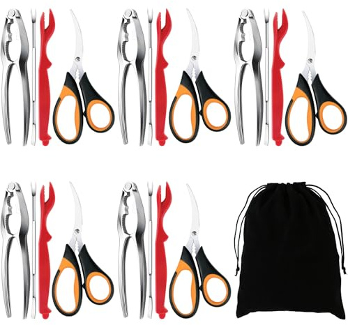 Seafood Crab Crackers and Tools, 21 Pcs Crab Leg Crackers, Nut Cracker Set, Seafood Tools Include 5 Crab Crackers, 5 Lobster Shellers, 5 Crab Leg Forks, 5 Seafood Scissors, mobzio Crab Legs Utensils