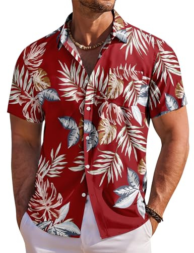COOFANDY Camisa Hawaiana Hombre Camiseta de Verano de Manga Corta Camisas para Vacaciones de Playa con Bolsillo Hoja Roja Tropical M