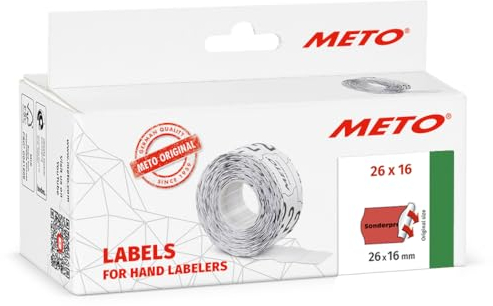 Original Meto Preisauszeichner Etiketten Vordruck « Sonderpreis » (26x16 mm, 1-zeilig, 6.000 Stück, fluor rot, permanent haftend)
