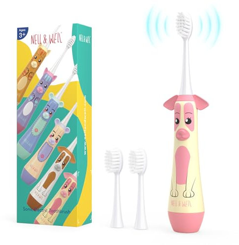 NELL&WELL Spazzolino elettrico per bambini con timer da 2 minuti, alimentato a batteria, con 3 testine morbide per bambini dai 3 anni in su, impermeabile IPX7, senza BPA (rosa)