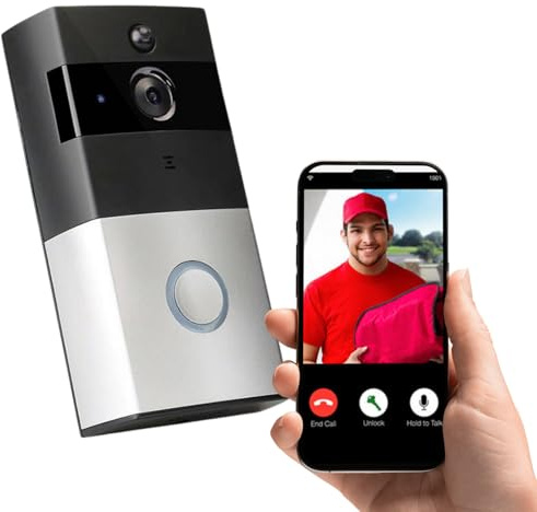Home>it® Video dörrklocka med WiFi och app – 720p HD-kamera, mörkerseende, dubbelriktat ljud, rörelsedetektering, live-vy, stöldskydd – silver