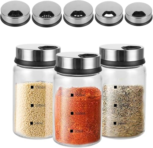 Cobenga 3 Pcs Salt and Pepper Shakers, 150ml Spice Jars with Shaker lids, Clear Seasoning Organizer Spice Containers with Adjustable Pour Holes, Stainless Steel Spice Bottles Glass for Kitchen