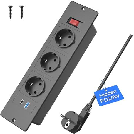 Tischplatte Versenkte Steckdose mit PD 20W, 3-Fach Einbau Steckdosenleiste mit 2m Kabel, Tischsteckdose Mehrfachsteckdose für Möbel oder Arbeitsflächen (Schwarz)
