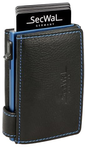 SecWal Kartenetui mit XXL Münzfach Druckknopf inkl. Geschenkbox - Made in Germany - inkl. E-Book für Damen und Herren Blauer Container - RFID Schutz Geldbeutel mit Wiener Schachtel (Schwarz-Blau)
