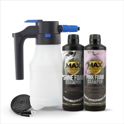 MAX DETAIL-LAB - E-Foam Pack - Kit Limpieza Coche Champú y Pulverizador a Batería Presión Foamer Eléctrico Espuma Activa, Snow Cherry Productos Lavado Exterior Detailing Profesional Auto Moto