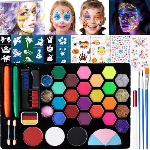Janolia Body Painting, 25 Colori Truccabimbi Kit con 3 Pennelli 2 Matite per Il Viso, Trucca Bimbi Professionali, Face Painting Bambini per Halloween, Carnevale, Pasqua, Natale, Cosplay