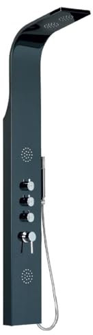 Columna de hidromasaje ADRIA en acero inoxidable negro. Incluye 2 duchas superiores, ducha de mano en latón cromado y 2 jets de massaje. Perfecta para transformar tu baño en un espacio de bienestar