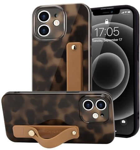 LAPOPNUT for iphone 12 Case Strap Leopard Tortoise Print, Yellow | Cheetah Amber Pattern Phone Cover, Adjustable Finger Wrist Stand Holer, Cute for Women Girls Men,TPU Bumper Shell, Protecion