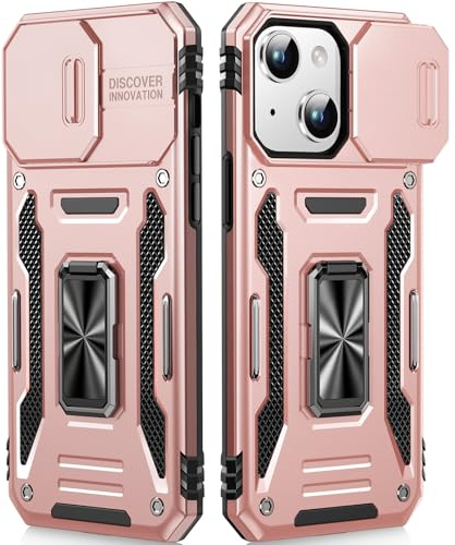 OLHAOMAO Cover per iPhone 15 con Support À 360°,[Anello Magnetico Cavalletto][Copertura Fotocamera Scorrevole] Caso di Protezione delle lenti Militare per iPhone 15, 6,1,Rosa